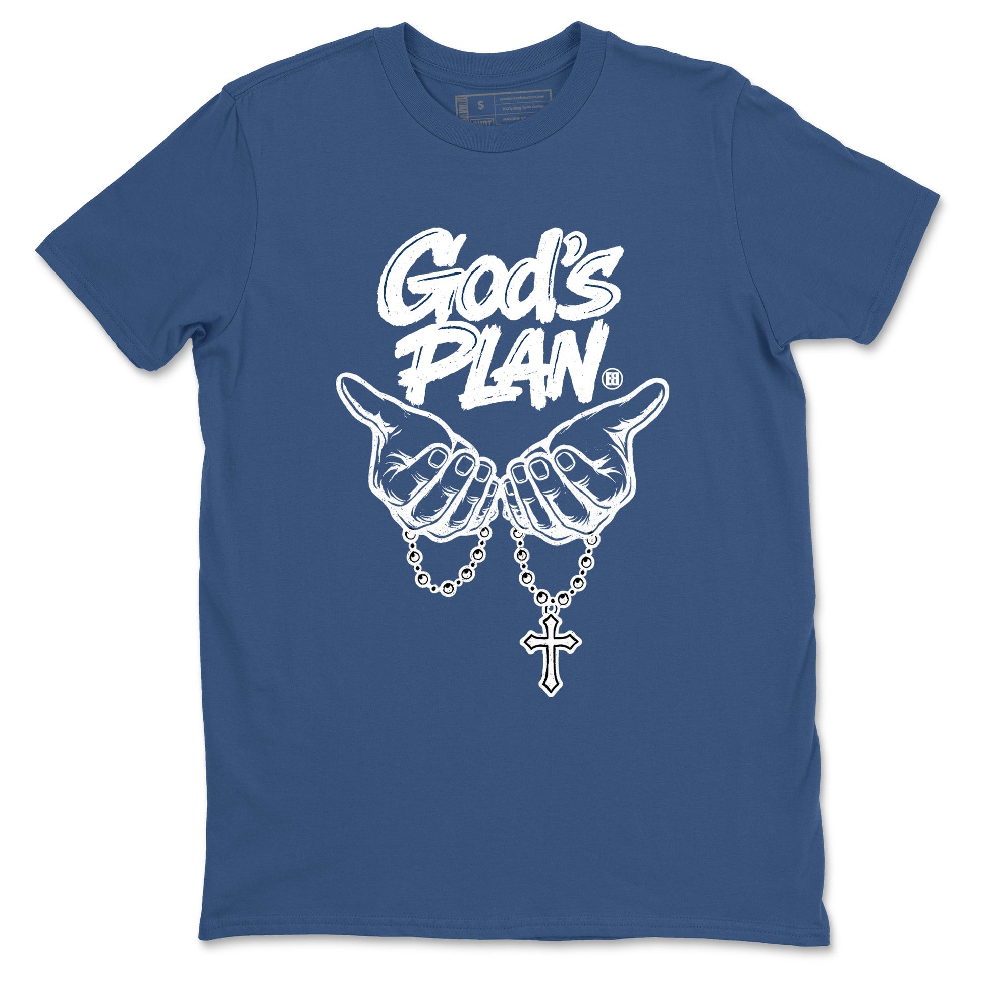 God's Plan sneaker match tees styled to complete your fit with the Air Jordan 12 French Blue sneakers, shown in Denim Blue 2.