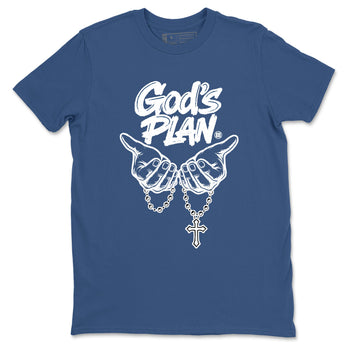 God's Plan sneaker match tees styled to complete your fit with the Air Jordan 12 French Blue sneakers, shown in Denim Blue 2.