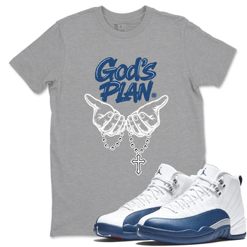 God's Plan sneaker match tees styled to complete your fit with the Air Jordan 12 French Blue sneakers, shown in Heather Grey 1.