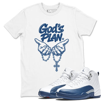God's Plan sneaker match tees styled to complete your fit with the Air Jordan 12 French Blue sneakers, shown in White 1.