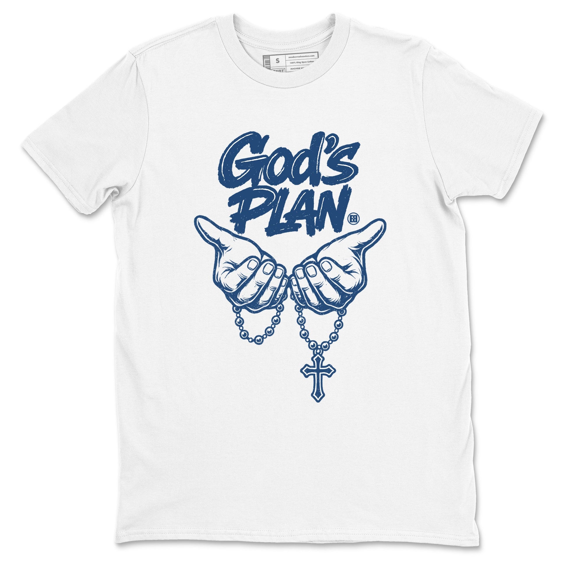 God's Plan sneaker match tees styled to complete your fit with the Air Jordan 12 French Blue sneakers, shown in White 2.