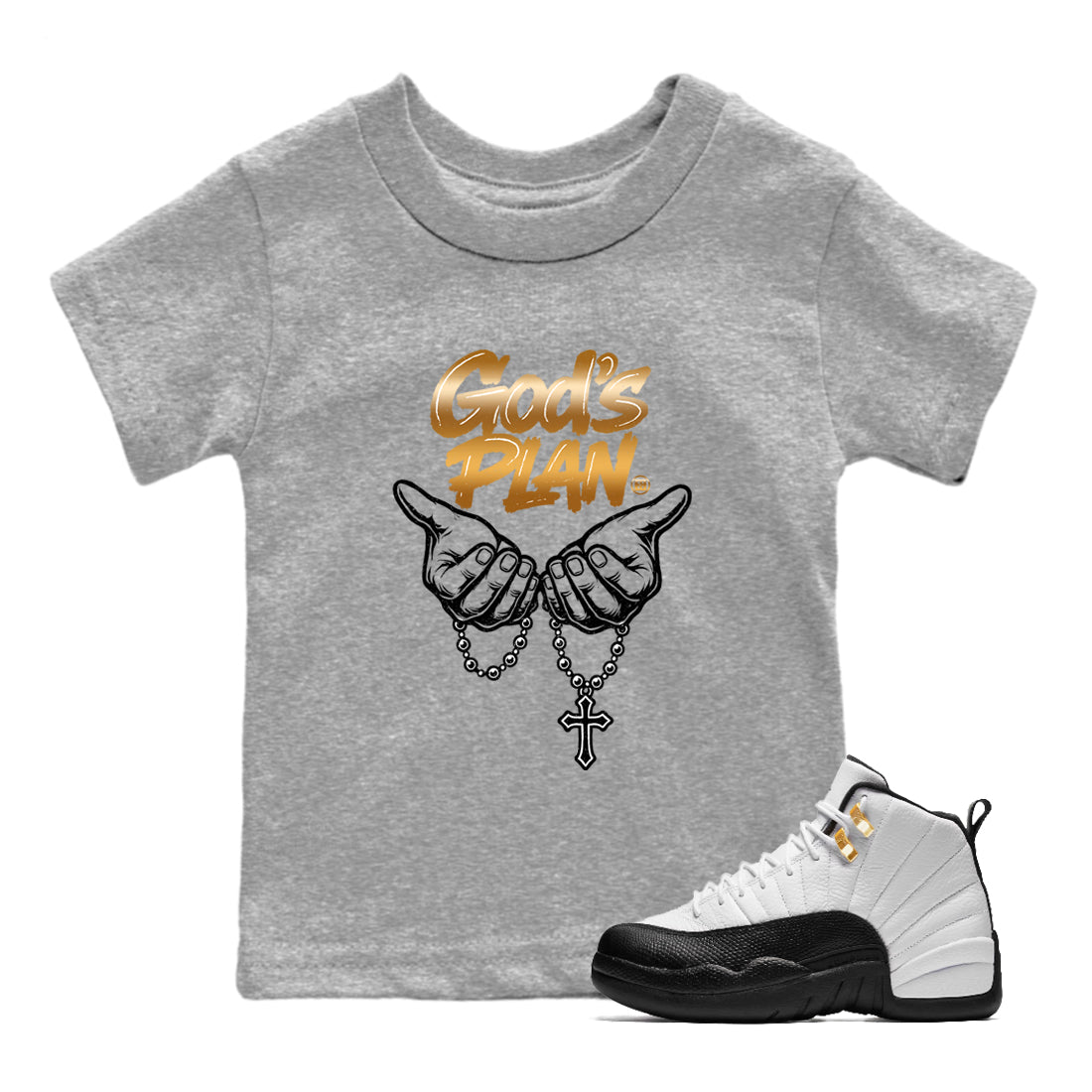 12s Taxi Sneaker match tees – Sneaker Tees To Match Air Jordan 12 Taxi Shoes – God's Plan Kids T-Shirt Heather Grey 1