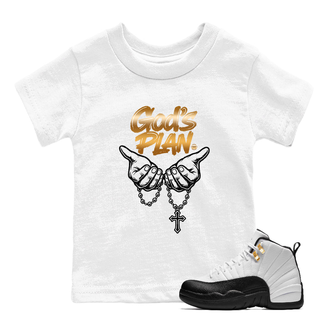 12s Taxi Sneaker match tees – Sneaker Tees To Match Air Jordan 12 Taxi Shoes – God's Plan Kids T-Shirt White 1