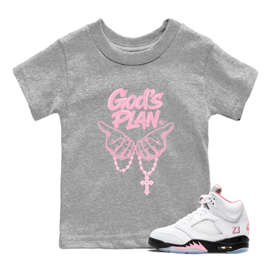 Sneaker match tees – Sneaker Tees To Match Air Jordan 5 Medium Soft Pink Shoes – God's Plan Kids T-Shirt Heather Grey 1
