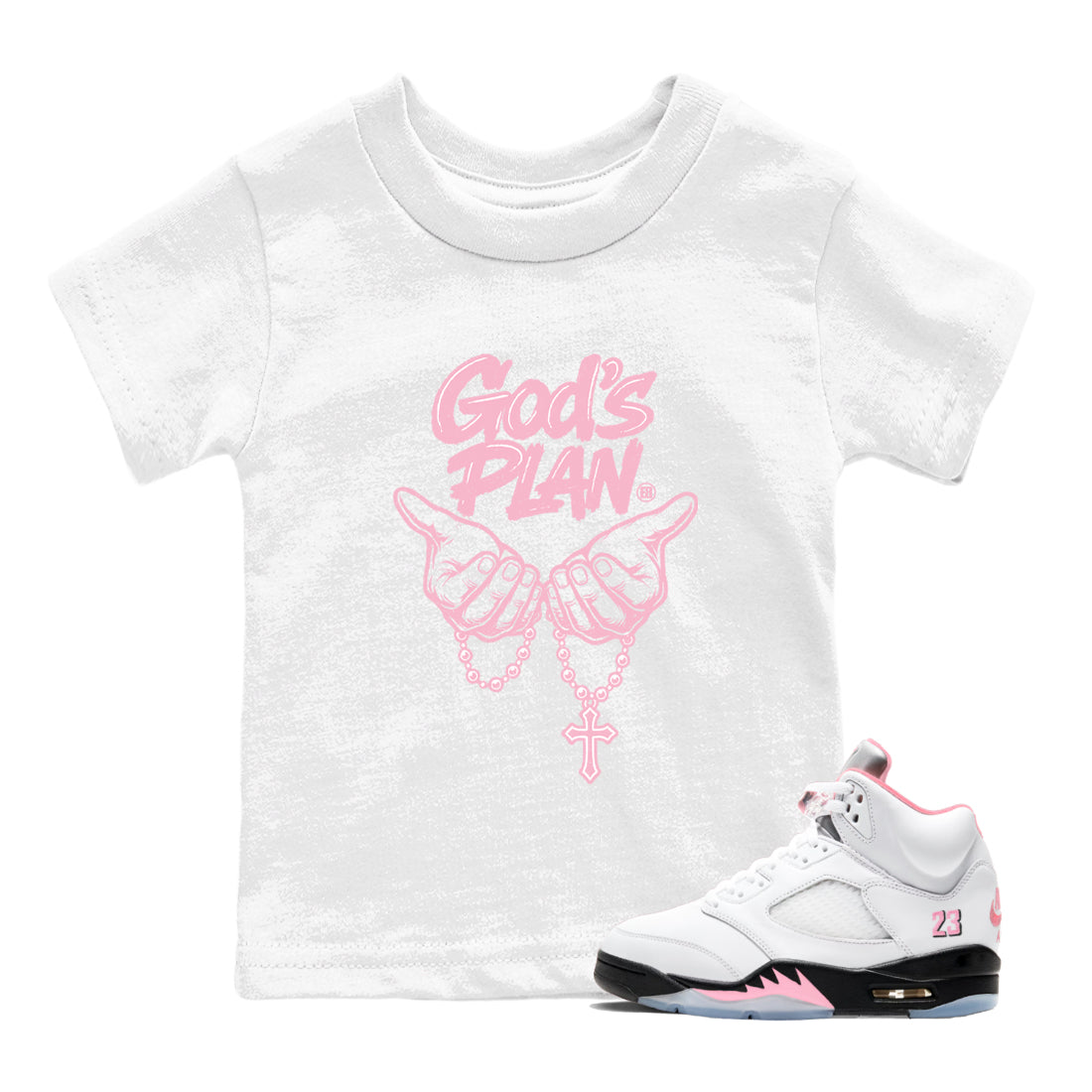 Sneaker match tees – Sneaker Tees To Match Air Jordan 5 Medium Soft Pink Shoes – God's Plan Kids T-Shirt White 1