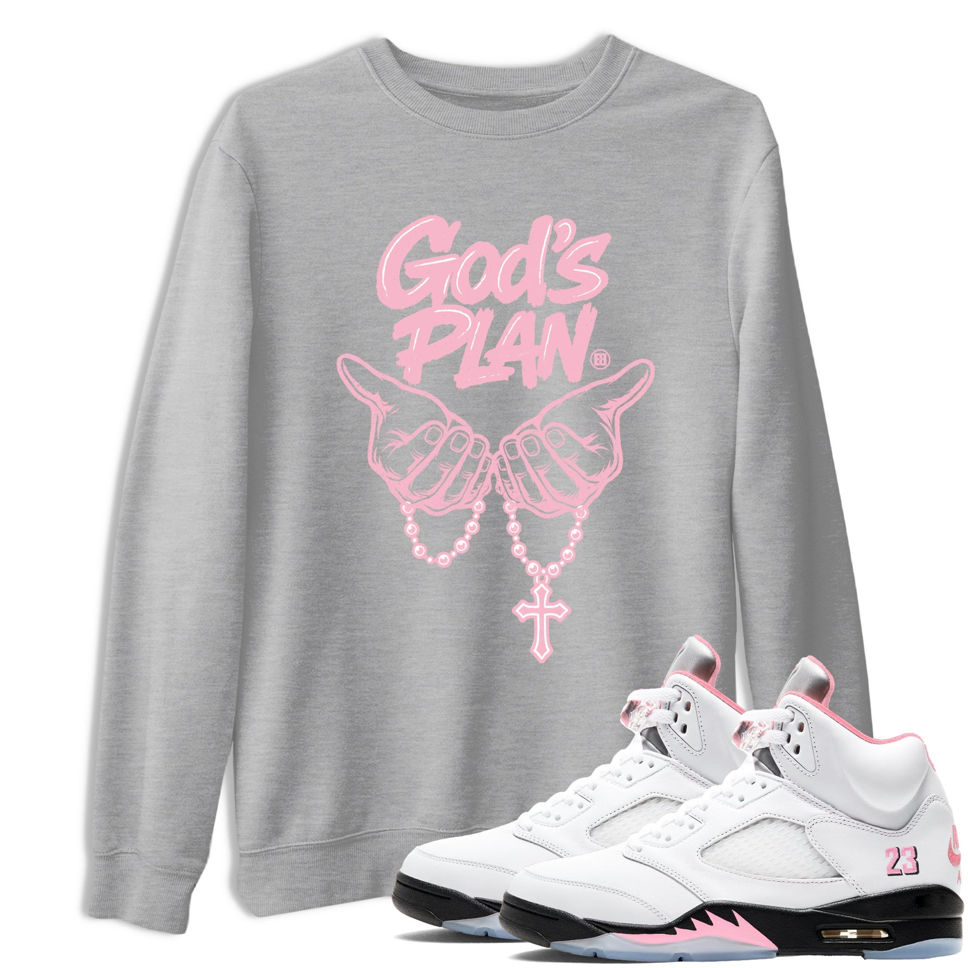 Sneaker match tees – Sneaker Tees To Match Air Jordan 5 Medium Soft Pink Shoes – God's Plan Tee Heather Grey 1