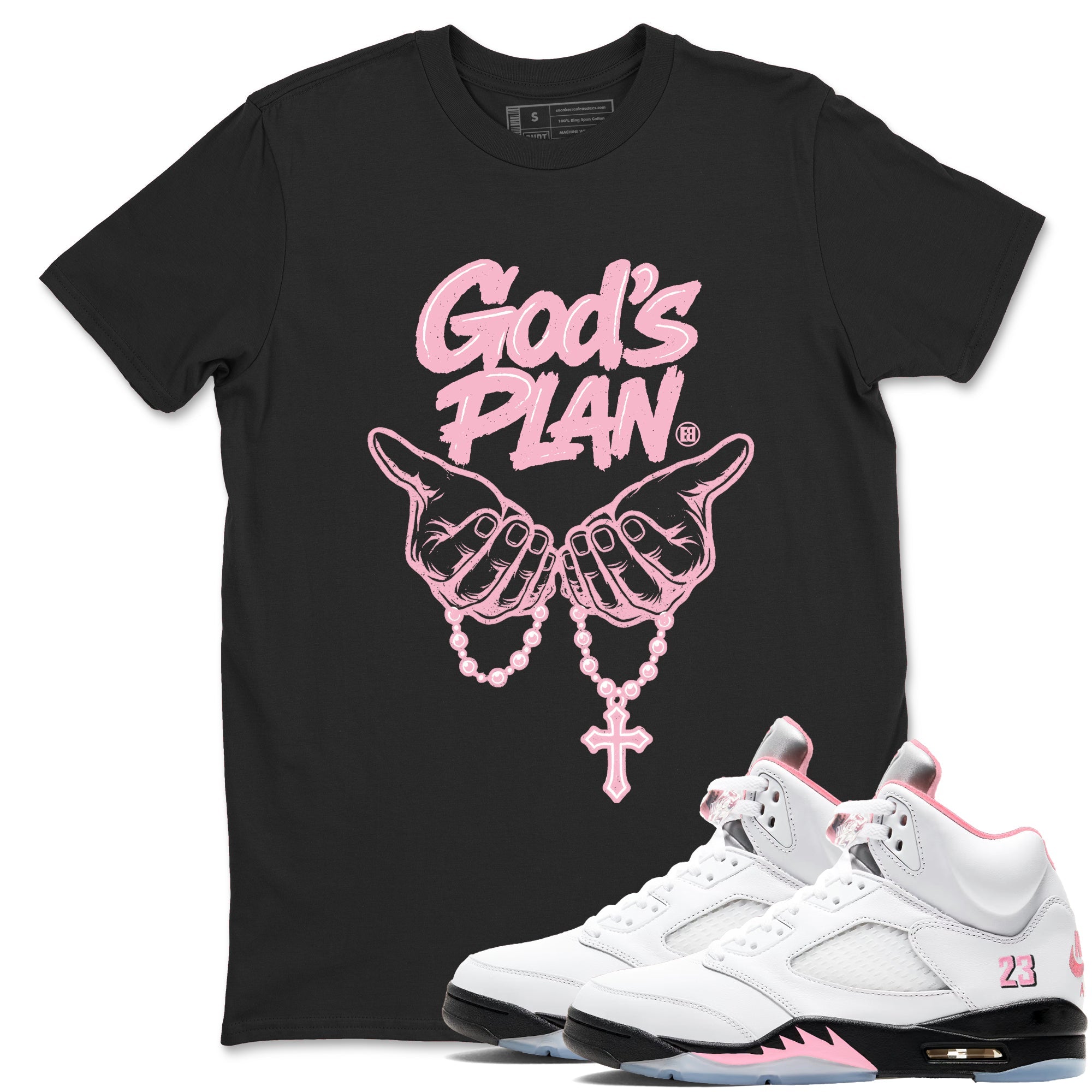 Sneaker match tees – Sneaker Tees To Match Air Jordan 5 Medium Soft Pink Shoes – God's Plan Tee Black 1