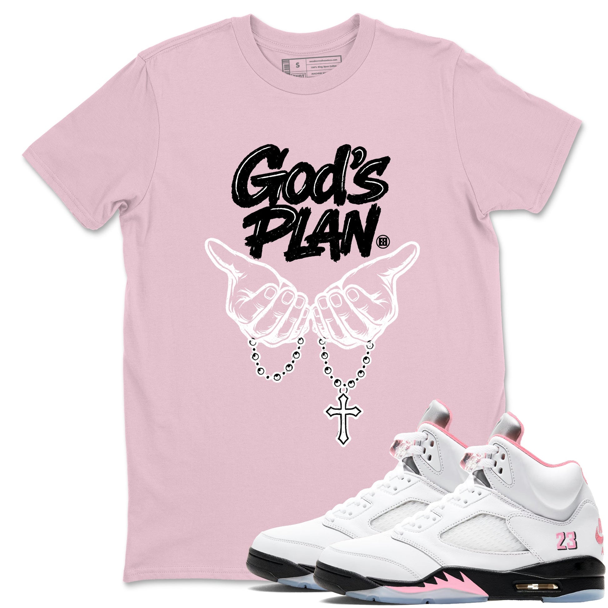 Sneaker match tees – Sneaker Tees To Match Air Jordan 5 Medium Soft Pink Shoes – God's Plan Tee Pink 1