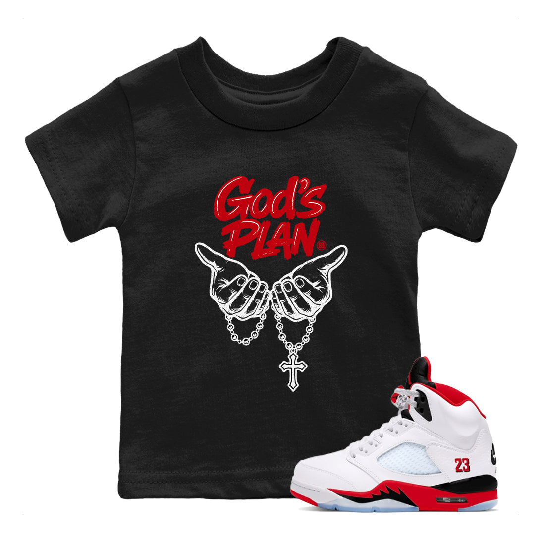Sneaker match tees – Sneaker Tees To Match Air Jordan 5 Fire Red Shoes – God's Plan Kids T-Shirt Black 1