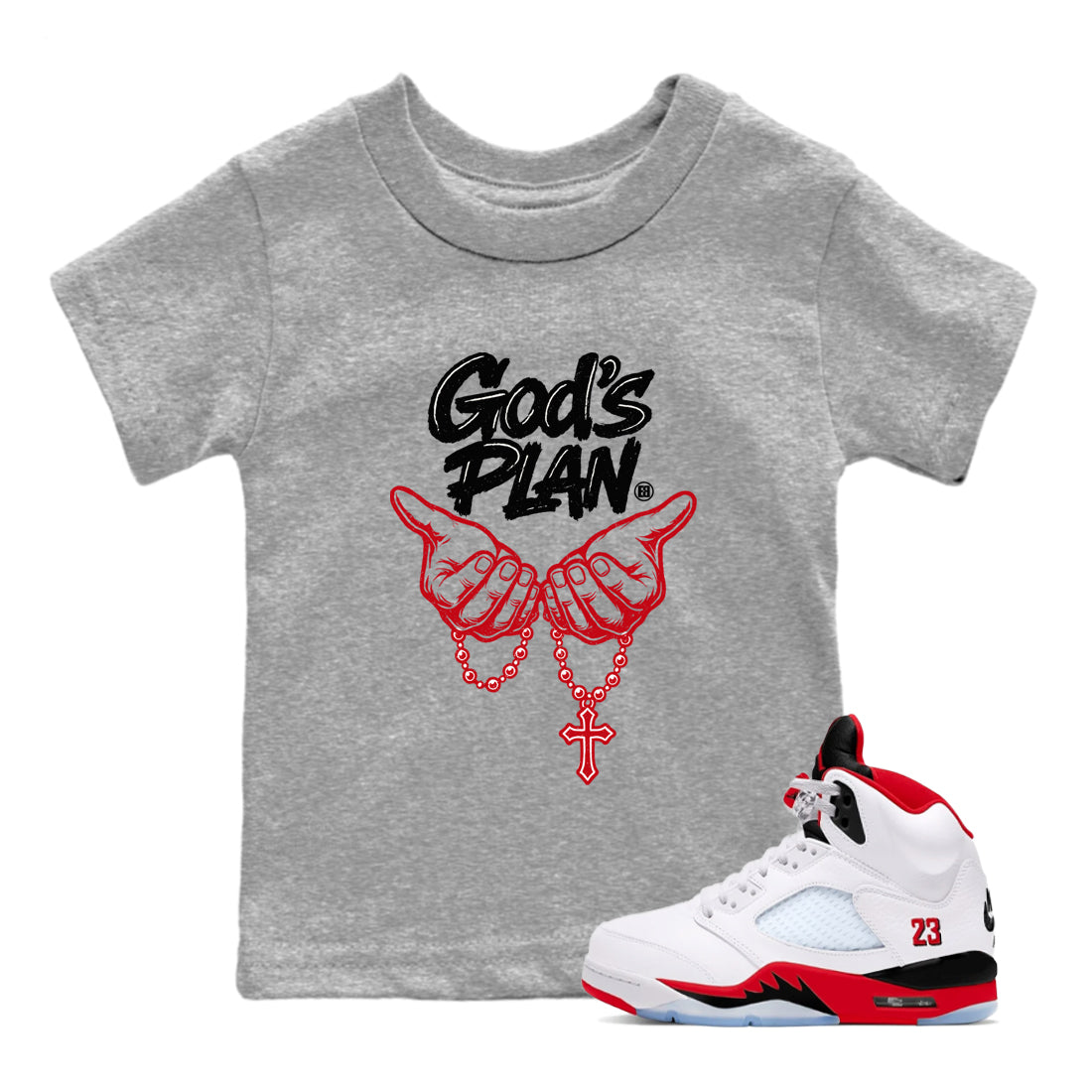 Sneaker match tees – Sneaker Tees To Match Air Jordan 5 Fire Red Shoes – God's Plan Kids T-Shirt Heather Grey 1