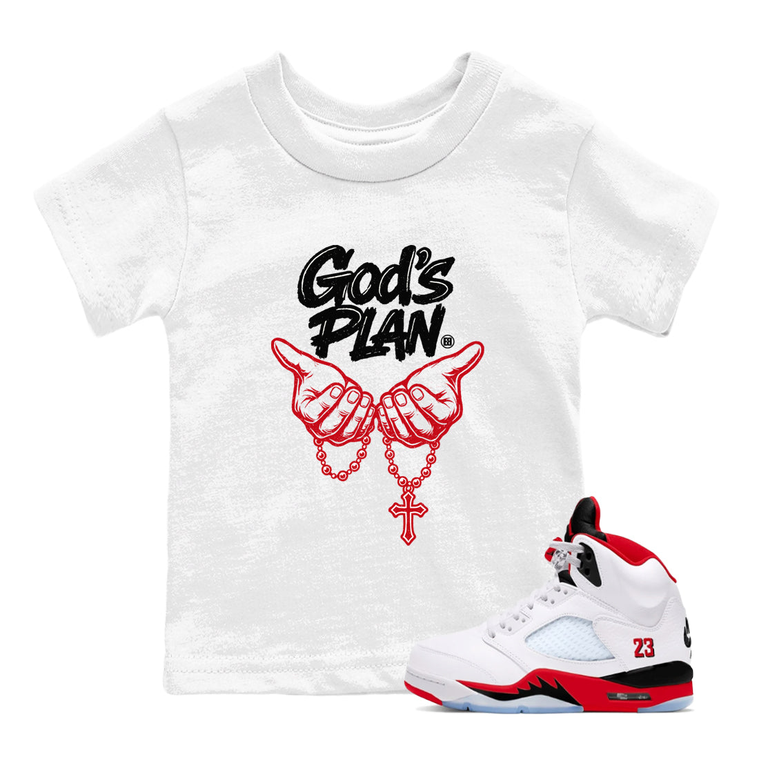 Sneaker match tees – Sneaker Tees To Match Air Jordan 5 Fire Red Shoes – God's Plan Kids T-Shirt White 1