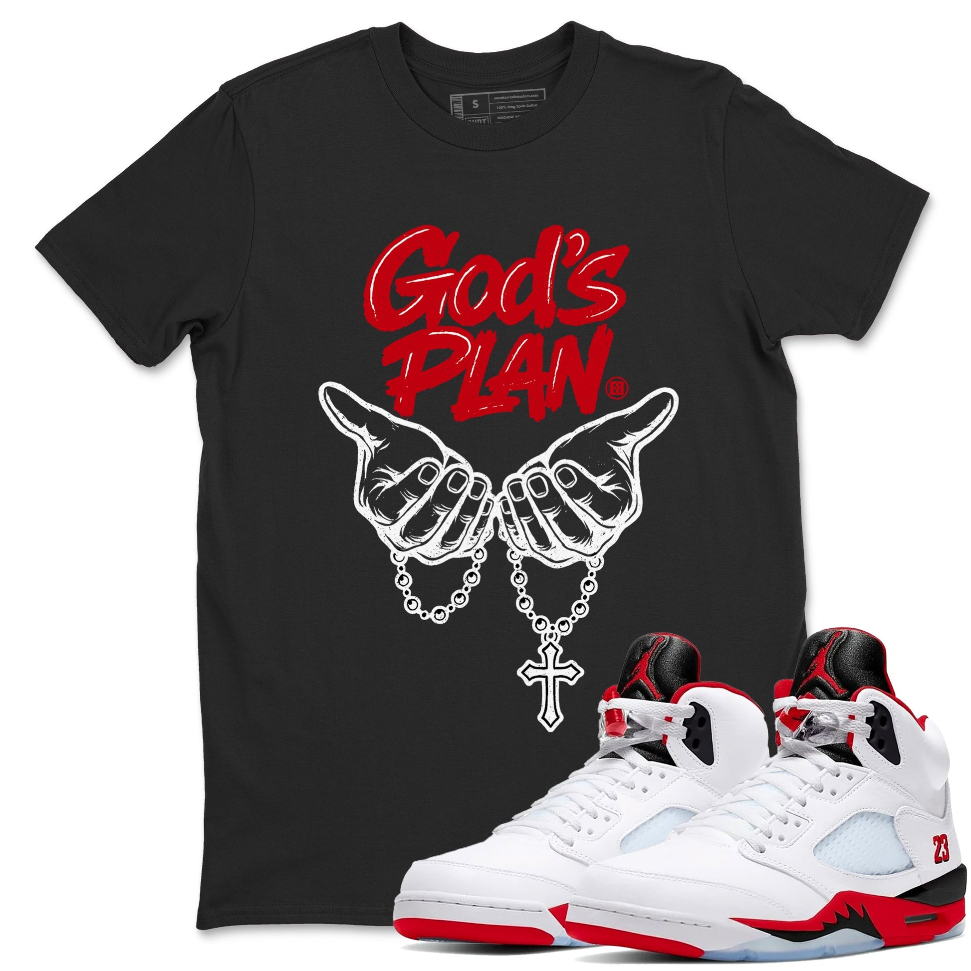 Sneaker match tees – Sneaker Tees To Match Air Jordan 5 Fire Red Shoes – God's Plan Tee Black 1