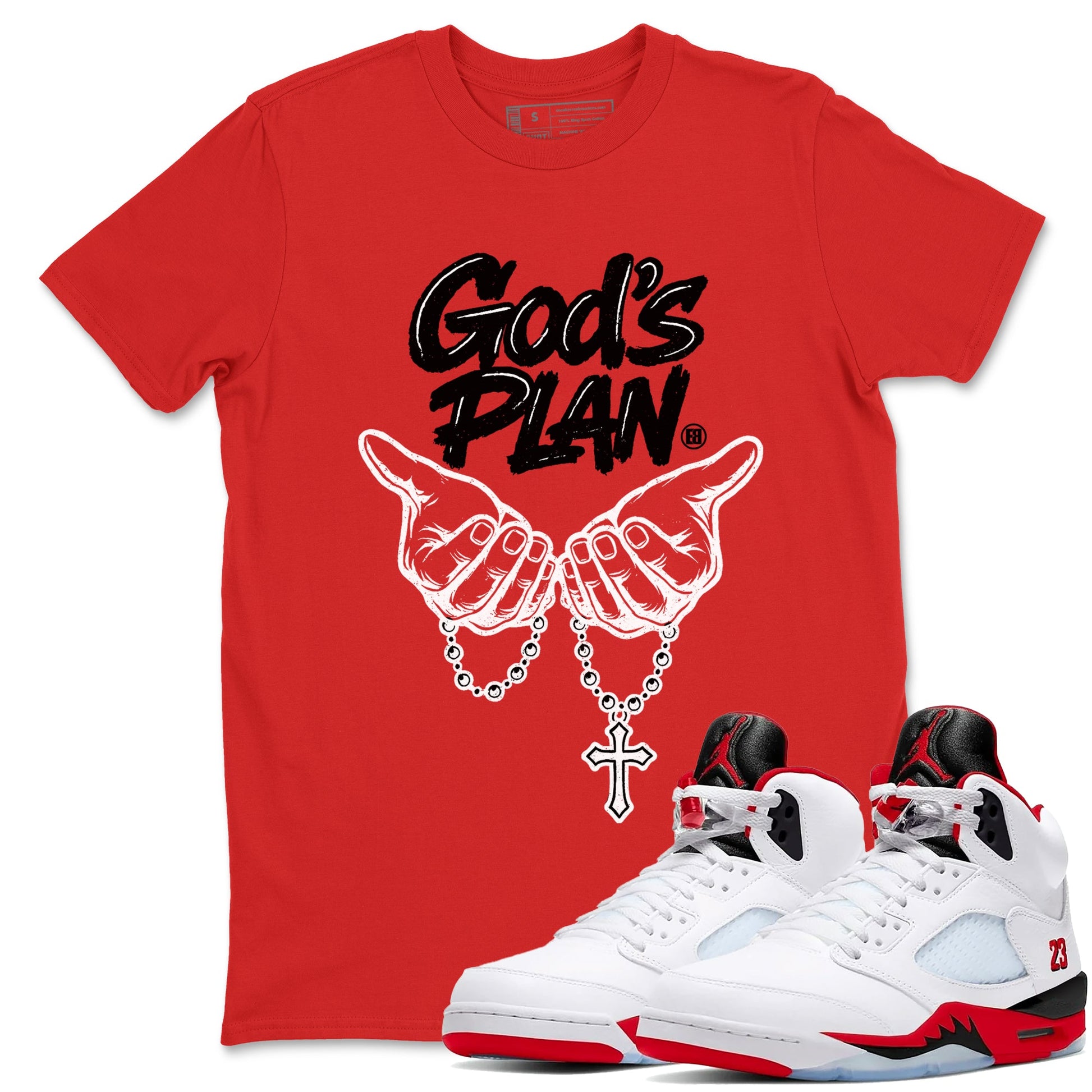 Sneaker match tees – Sneaker Tees To Match Air Jordan 5 Fire Red Shoes – God's Plan Tee Red 1