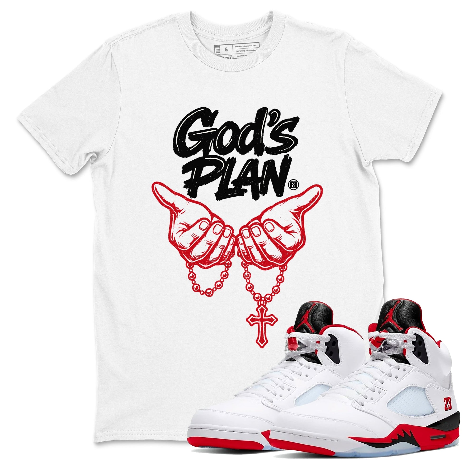 Sneaker match tees – Sneaker Tees To Match Air Jordan 5 Fire Red Shoes – God's Plan Tee White 1