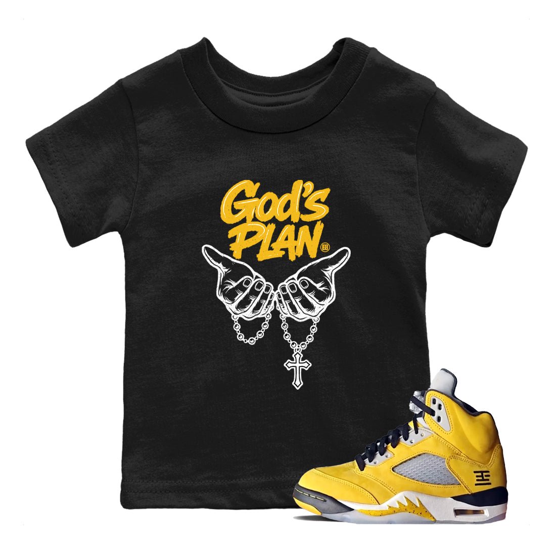 God's Plan baby and kids t-shirt crafted for little sneakerheads to shine with the Air Jordan 5 Tokyo sneakers, displayed in Black 1.