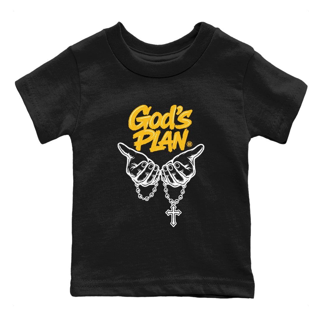God's Plan baby and kids t-shirt crafted for little sneakerheads to shine with the Air Jordan 5 Tokyo sneakers, displayed in Black 2.