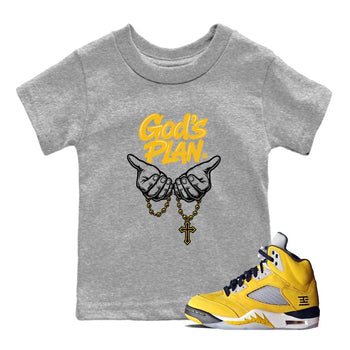 God's Plan baby and kids t-shirt crafted for little sneakerheads to shine with the Air Jordan 5 Tokyo sneakers, displayed in Heather Grey 1.