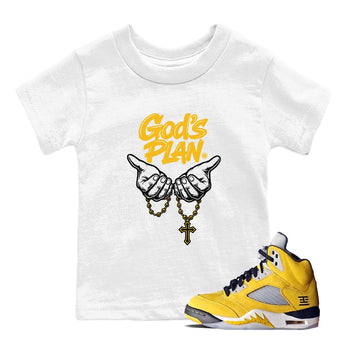 God's Plan baby and kids t-shirt crafted for little sneakerheads to shine with the Air Jordan 5 Tokyo sneakers, displayed in White 1.