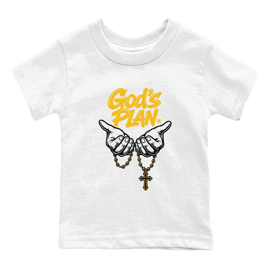 God's Plan baby and kids t-shirt crafted for little sneakerheads to shine with the Air Jordan 5 Tokyo sneakers, displayed in White 2.