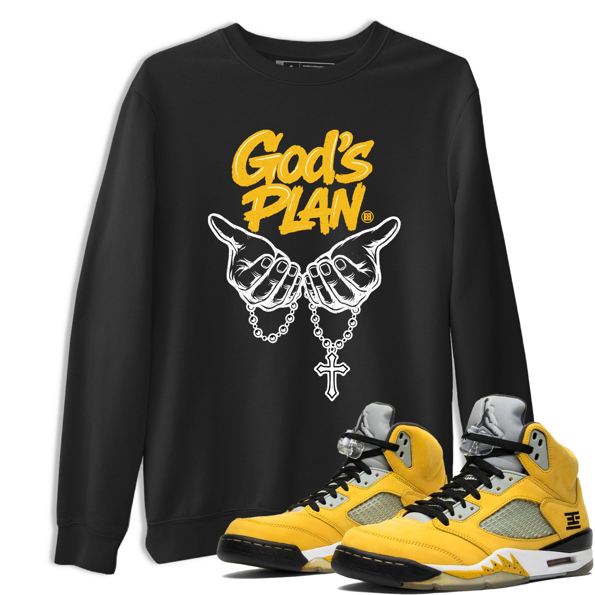God's Plan sneaker match t-shirt styled to complete your fit with the Air Jordan 5 Tokyo sneakers, shown in Black 1.