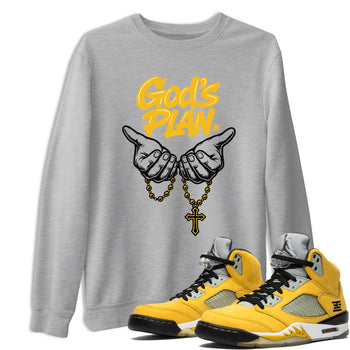 God's Plan sneaker match t-shirt styled to complete your fit with the Air Jordan 5 Tokyo sneakers, shown in Heather Grey 1.