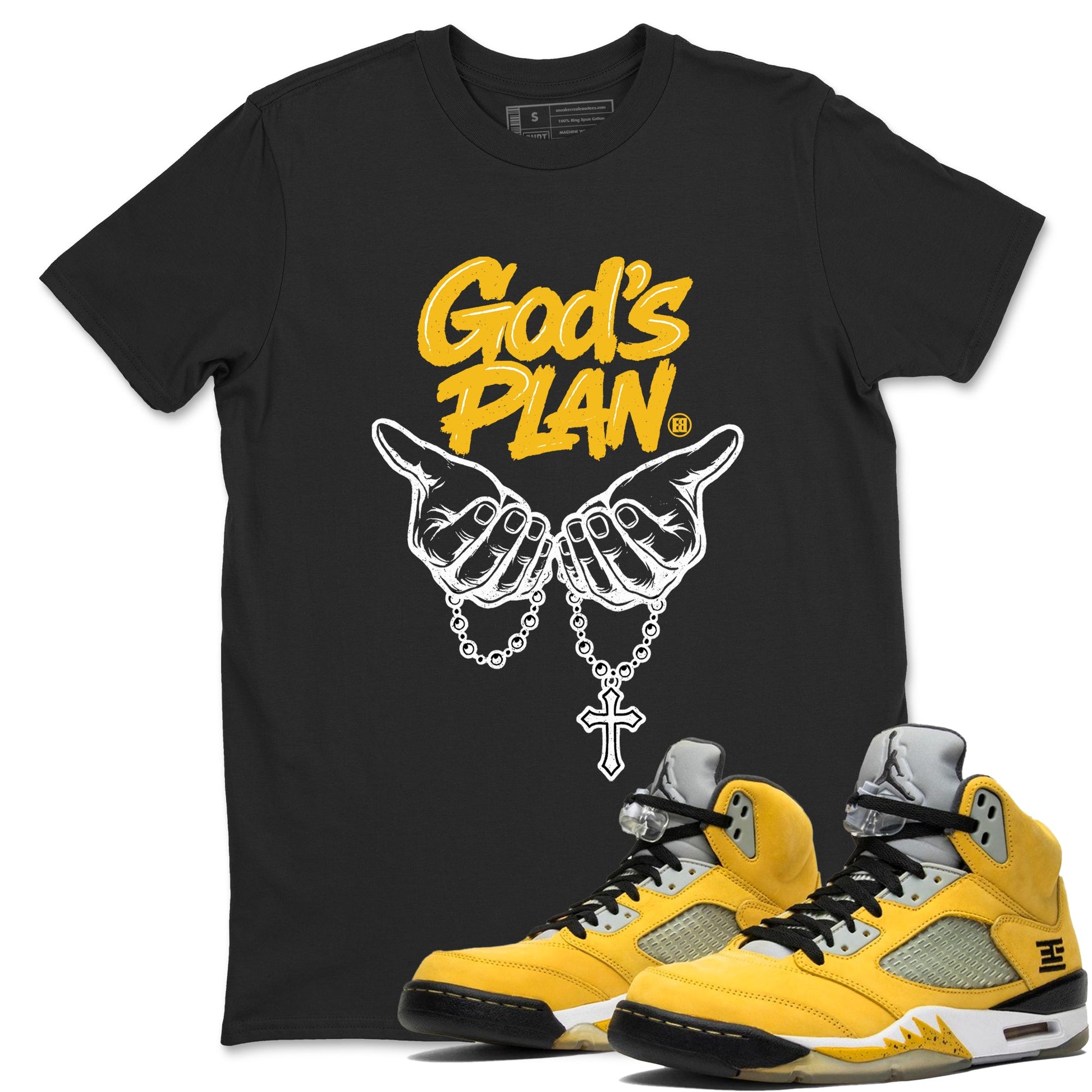 God's Plan sneaker match t-shirt styled to complete your fit with the Air Jordan 5 Tokyo sneakers, shown in Black 1.
