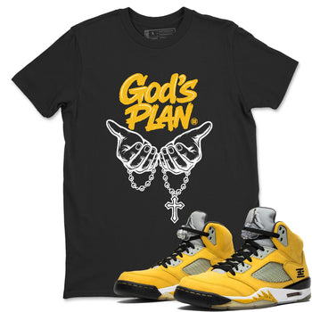 God's Plan sneaker match t-shirt styled to complete your fit with the Air Jordan 5 Tokyo sneakers, shown in Black 1.