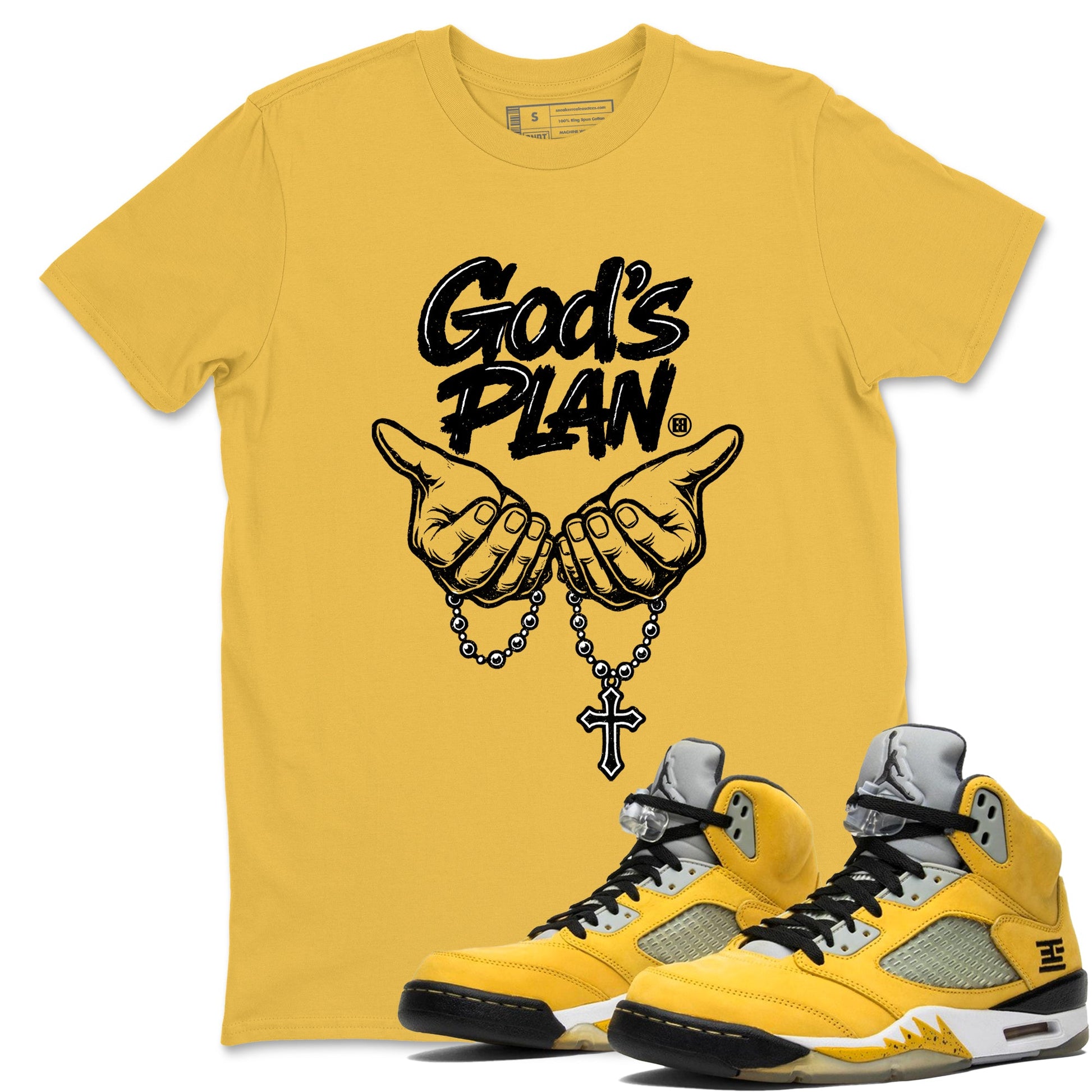 God's Plan sneaker match t-shirt styled to complete your fit with the Air Jordan 5 Tokyo sneakers, shown in Daisy 1.