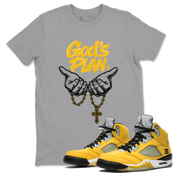 God's Plan sneaker match t-shirt styled to complete your fit with the Air Jordan 5 Tokyo sneakers, shown in Heather Grey 1.