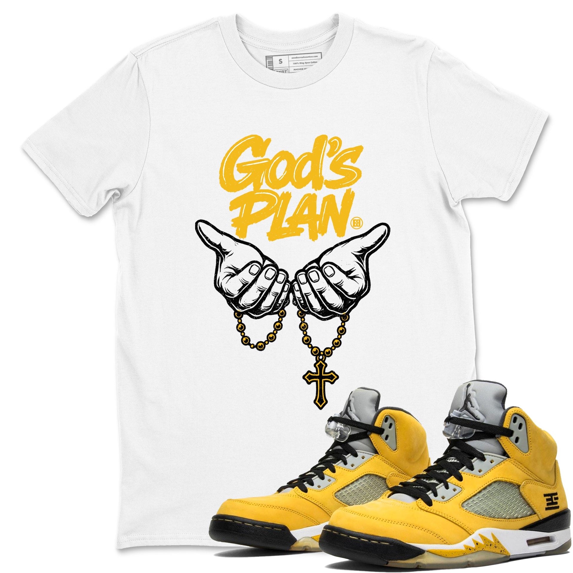 God's Plan sneaker match t-shirt styled to complete your fit with the Air Jordan 5 Tokyo sneakers, shown in White 1.
