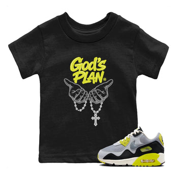 God's Plan baby and kids t-shirt crafted for little sneakerheads to shine with the Air Max 90 Cyber sneakers, displayed in Black 1.