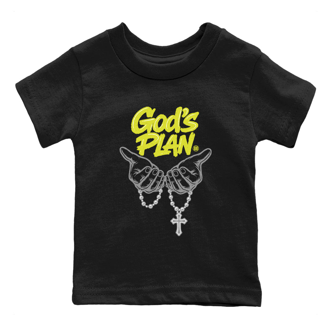 God's Plan baby and kids t-shirt crafted for little sneakerheads to shine with the Air Max 90 Cyber sneakers, displayed in Black 2.