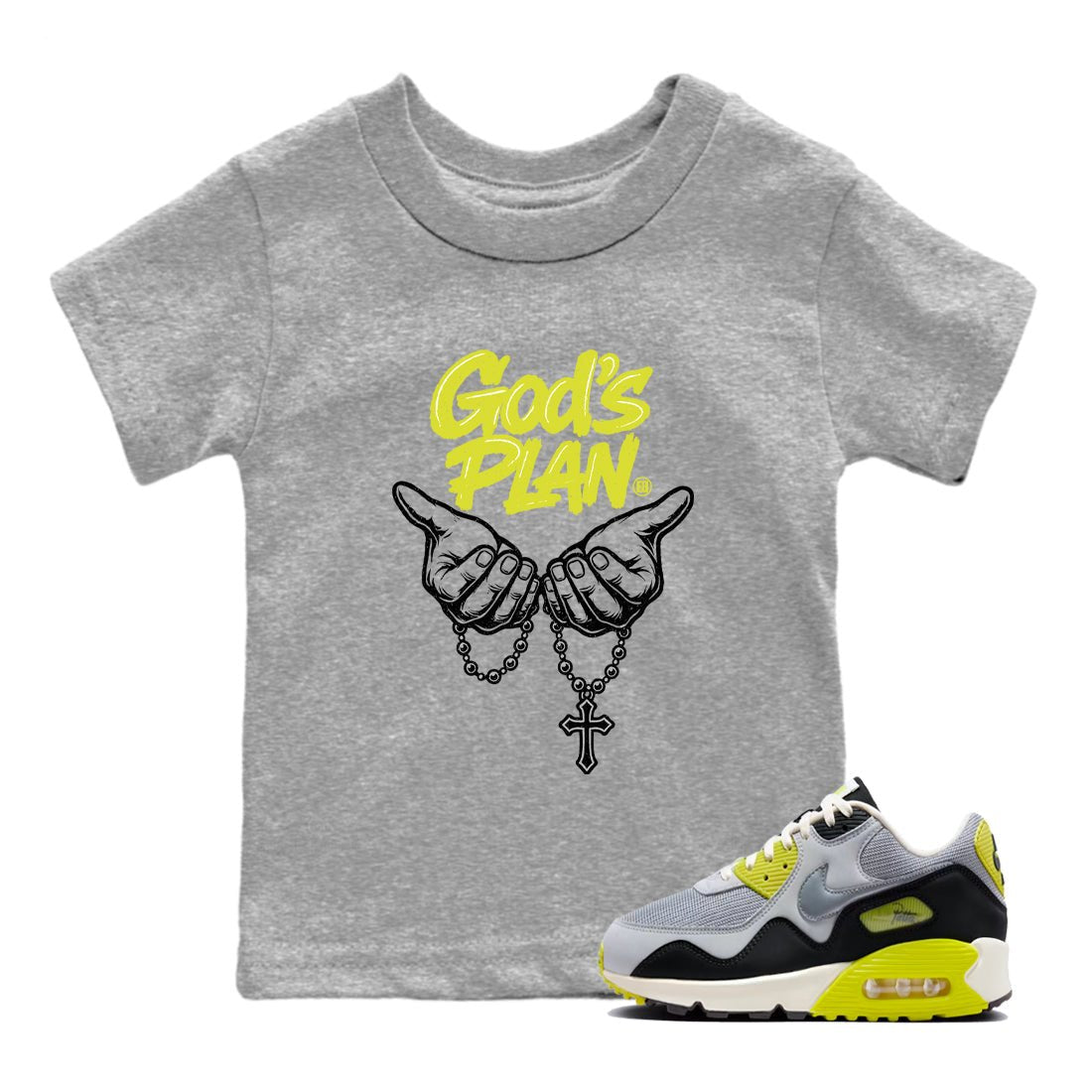 God's Plan baby and kids t-shirt crafted for little sneakerheads to shine with the Air Max 90 Cyber sneakers, displayed in Heather Grey 1.