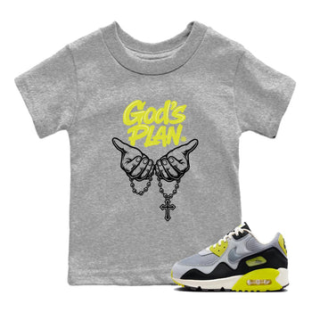 God's Plan baby and kids t-shirt crafted for little sneakerheads to shine with the Air Max 90 Cyber sneakers, displayed in Heather Grey 1.