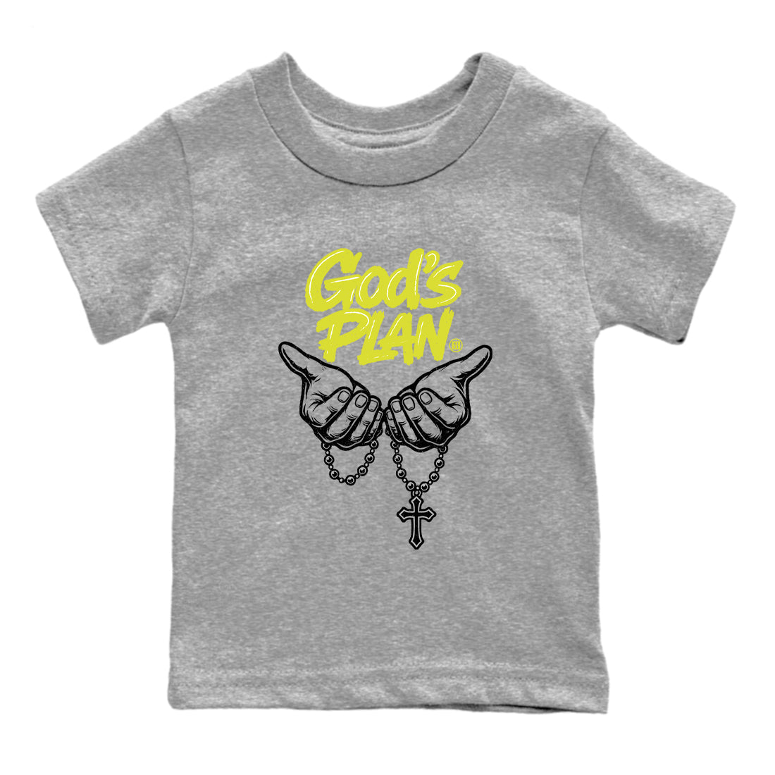 God's Plan baby and kids t-shirt crafted for little sneakerheads to shine with the Air Max 90 Cyber sneakers, displayed in Heather Grey 2.
