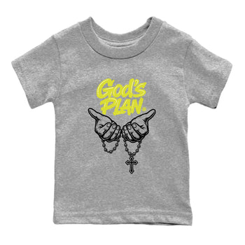 God's Plan baby and kids t-shirt crafted for little sneakerheads to shine with the Air Max 90 Cyber sneakers, displayed in Heather Grey 2.
