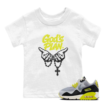 God's Plan baby and kids t-shirt crafted for little sneakerheads to shine with the Air Max 90 Cyber sneakers, displayed in White 1.