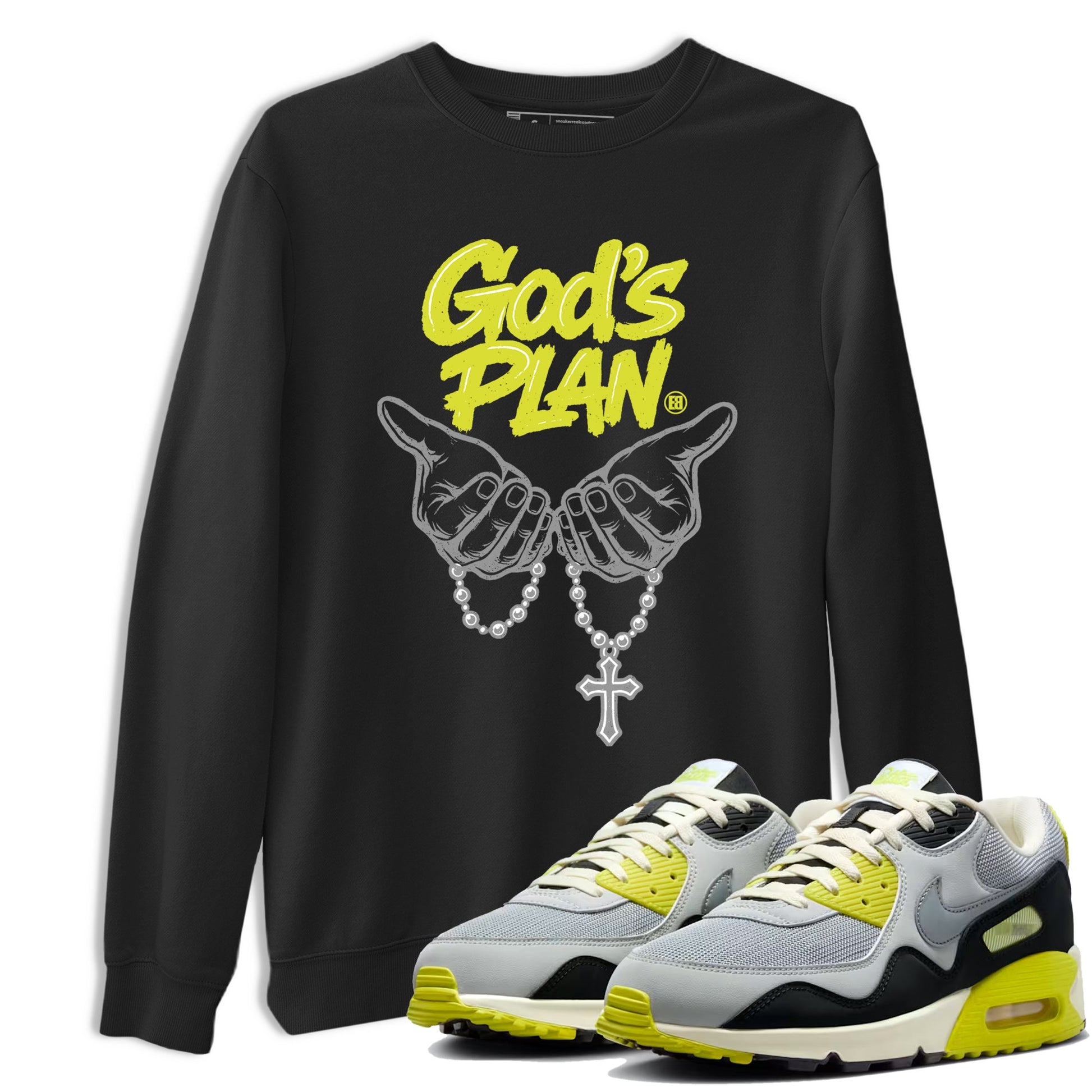 God's Plan sneaker match t-shirt styled to complete your fit with the Air Max 90 Cyber sneakers, shown in Black 1.
