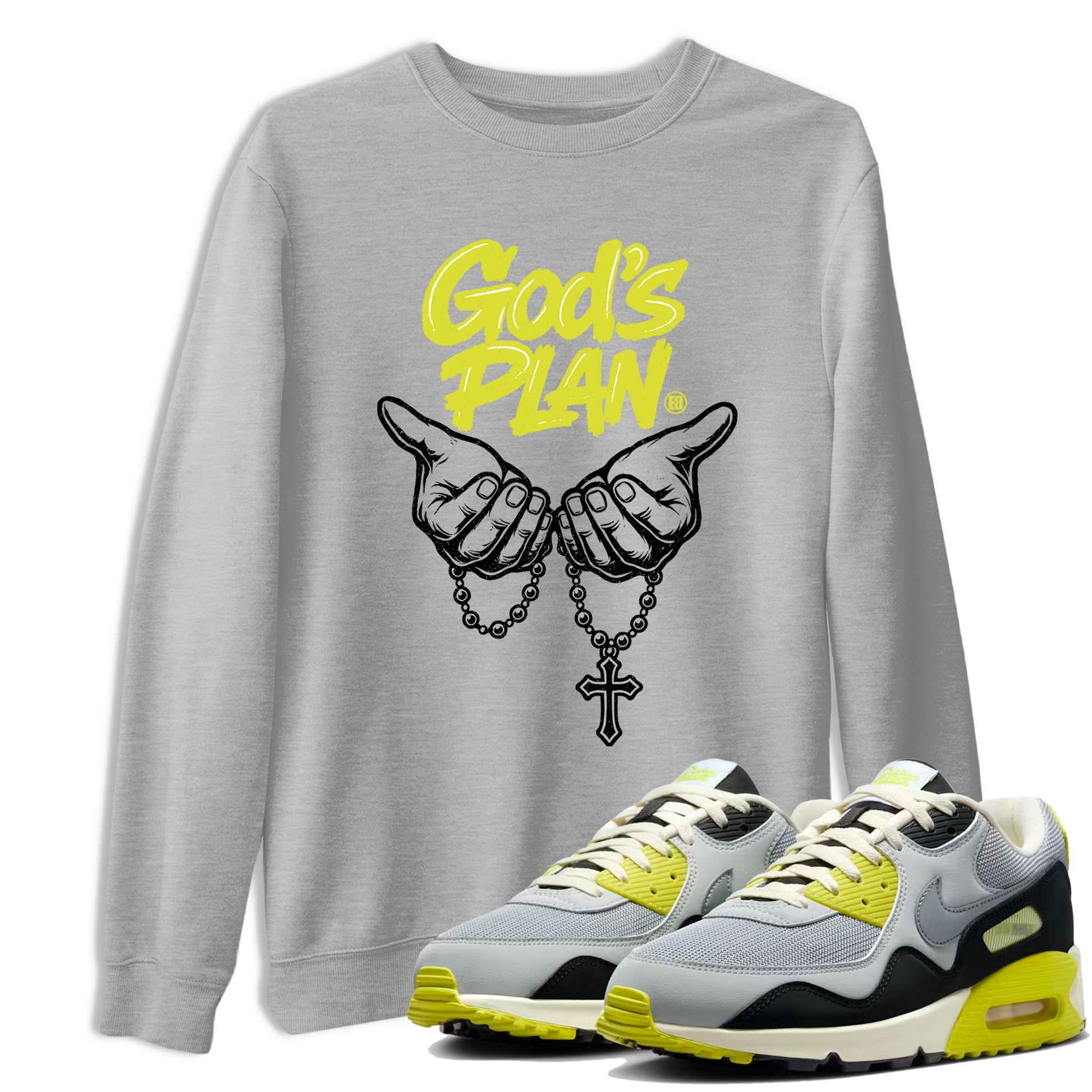 God's Plan sneaker match t-shirt styled to complete your fit with the Air Max 90 Cyber sneakers, shown in Heather Grey 1.