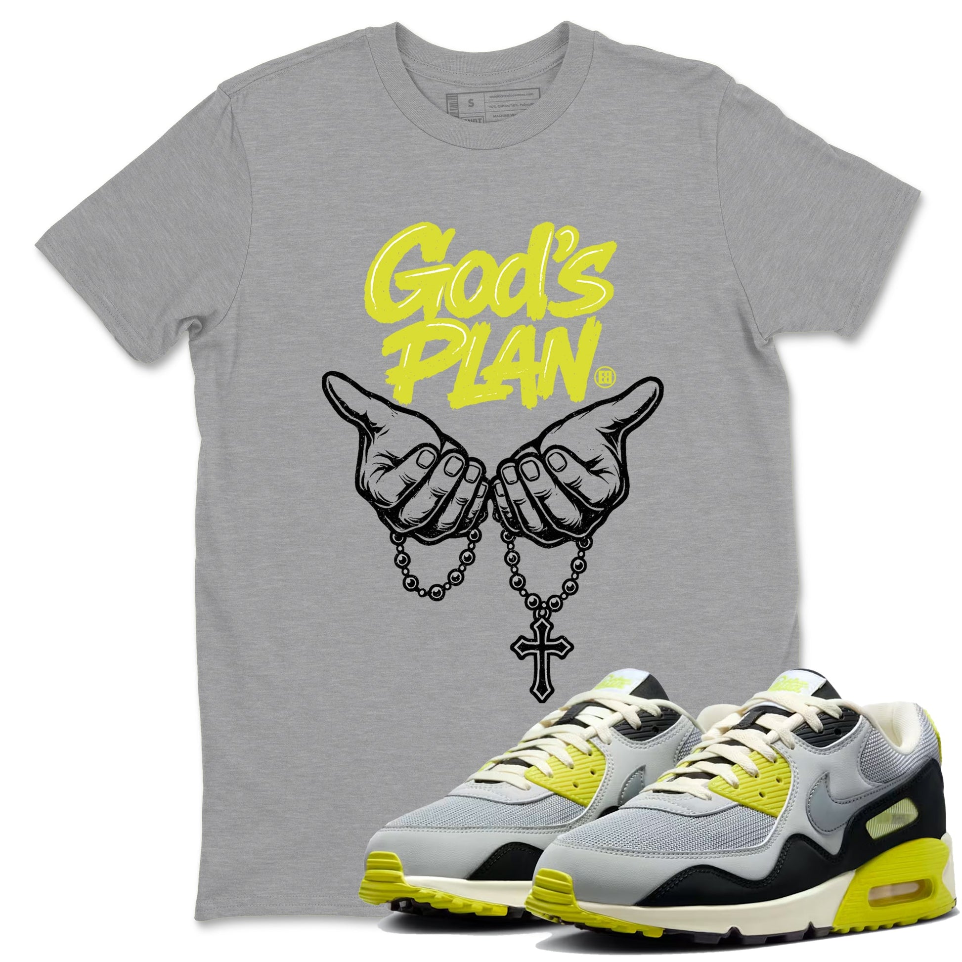 God's Plan sneaker match t-shirt styled to complete your fit with the Air Max 90 Cyber sneakers, shown in Heather Grey 1.