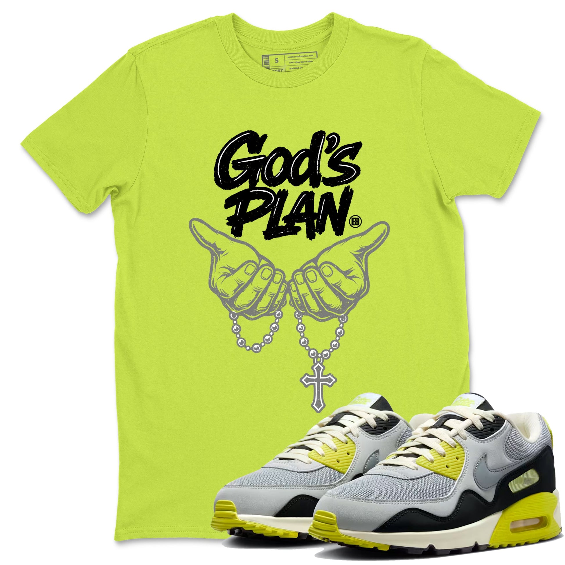 God's Plan sneaker match t-shirt styled to complete your fit with the Air Max 90 Cyber sneakers, shown in Safety Green 1.