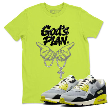God's Plan sneaker match t-shirt styled to complete your fit with the Air Max 90 Cyber sneakers, shown in Safety Green 1.