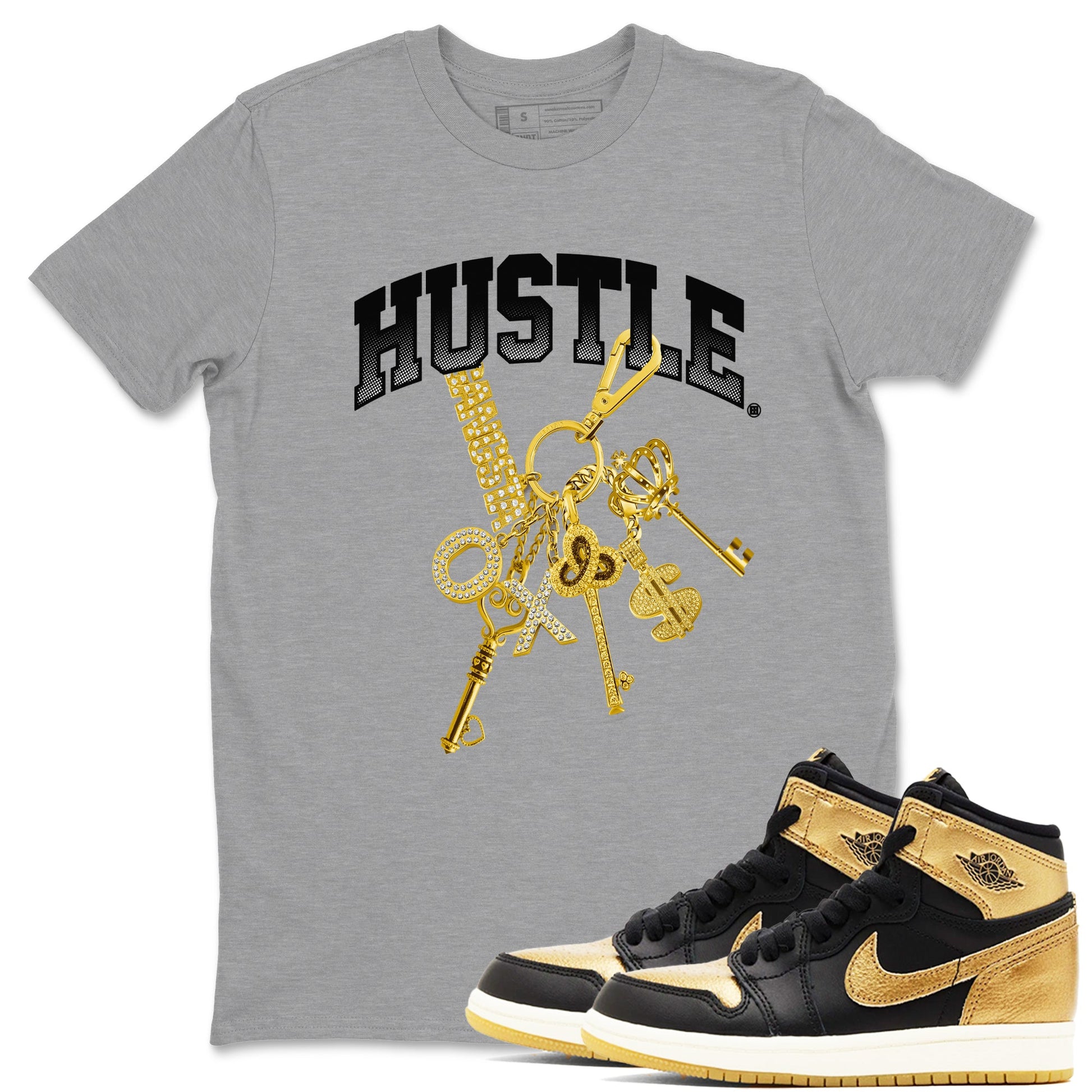 AJ1 Black Metallic Gold shirts to match jordans Gold Hustle sneaker match tees Air Jordan 1 Black Metallic Gold SNRT Sneaker Tees streetwear brand Heather Grey 1 unisex cotton tee