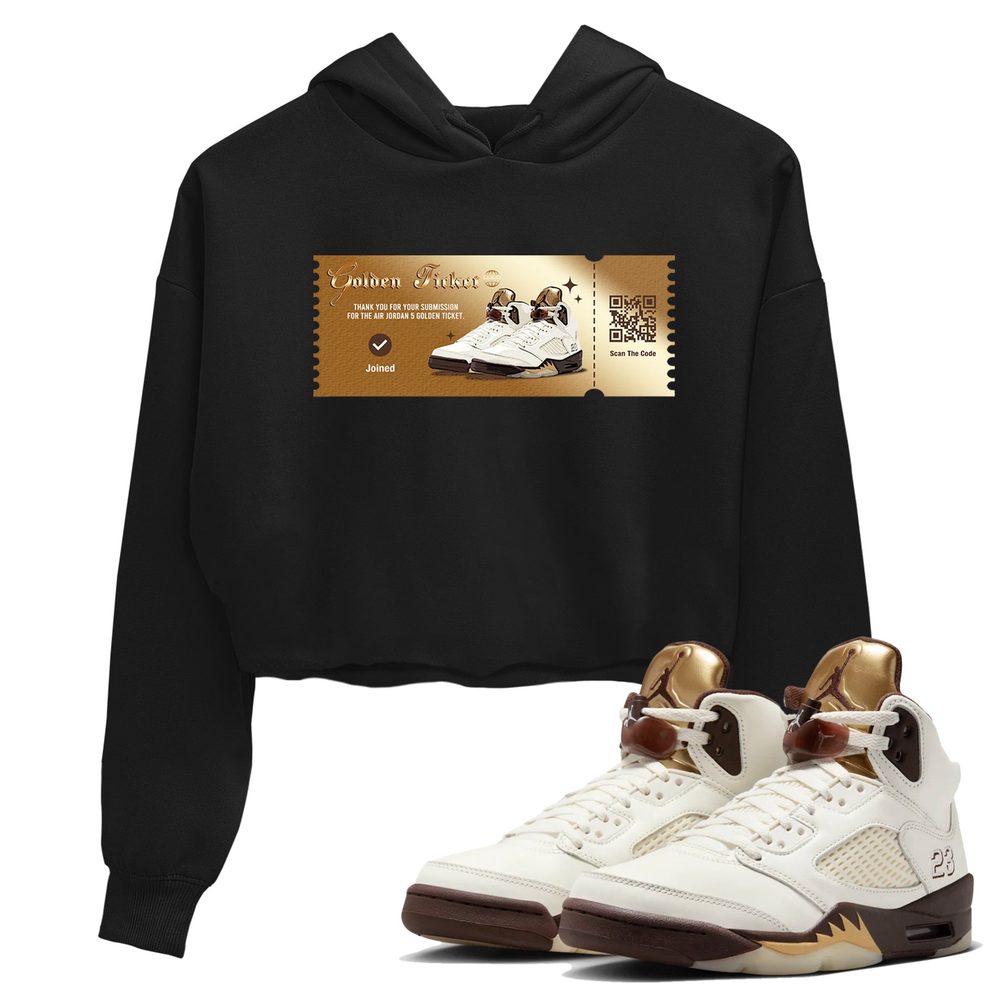 5s Golden Ticket shirts to match jordans  Golden Ticket shirts to match jordans Air Jordan 5 Golden Ticket match shoes to clothes SNRT Sneaker Tees unisex cotton Black 1 crop tee