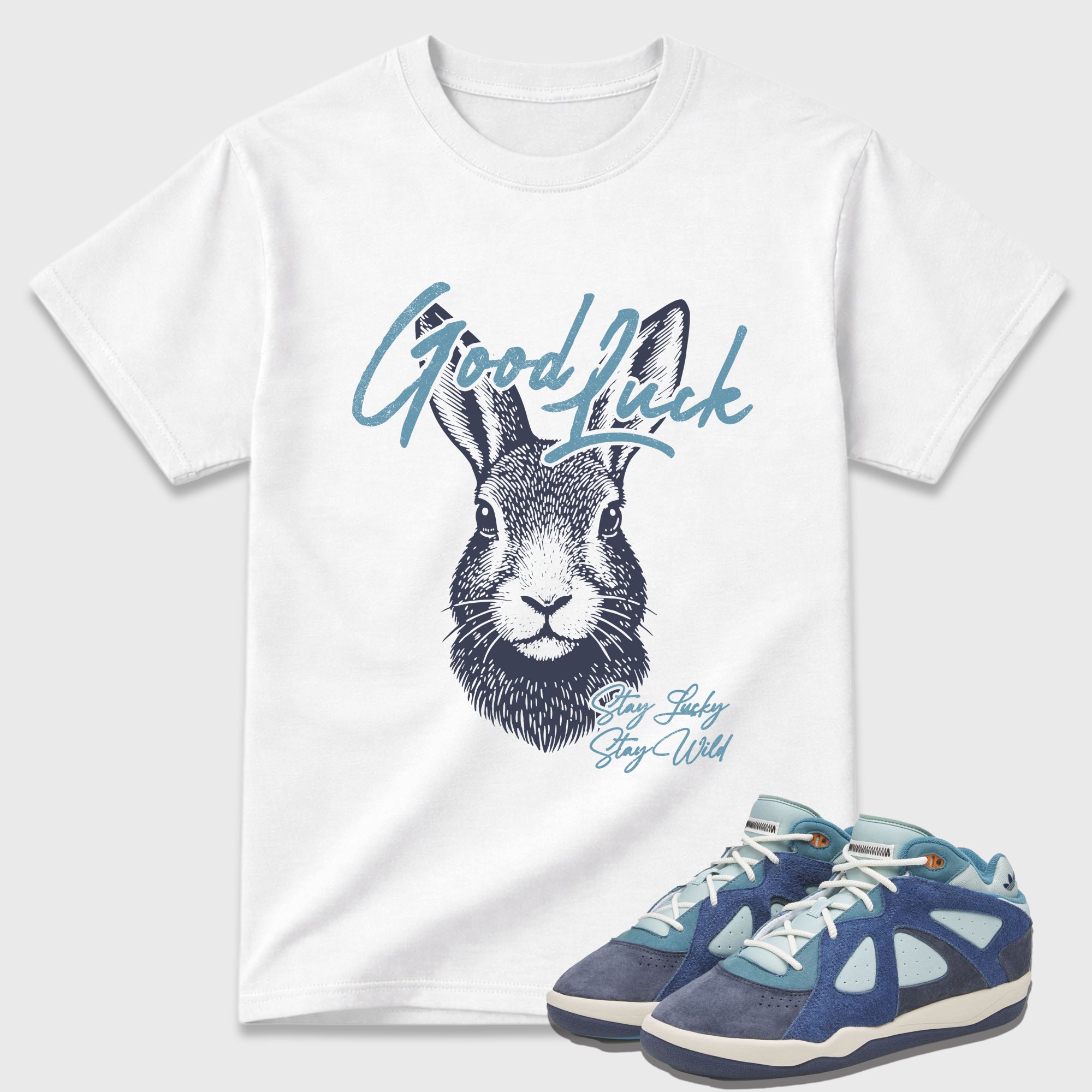 Good Luck Graphic T-Shirt featuring original streetwear artwork designed to match the Badbo 1.0 Night Navy. White 1 Graphic T-Shirt.