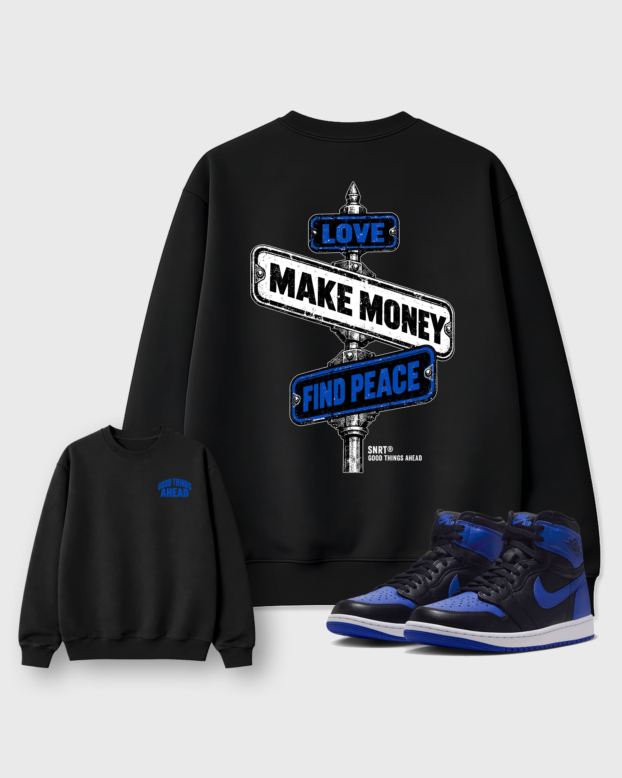 Good Things Ahead Black Graphic Sweatshirt - 1, a sneaker matching sweatshirt designed to coordinate with Air Jordan 1 High OG Royal sneakers for a complete sneaker outfit.