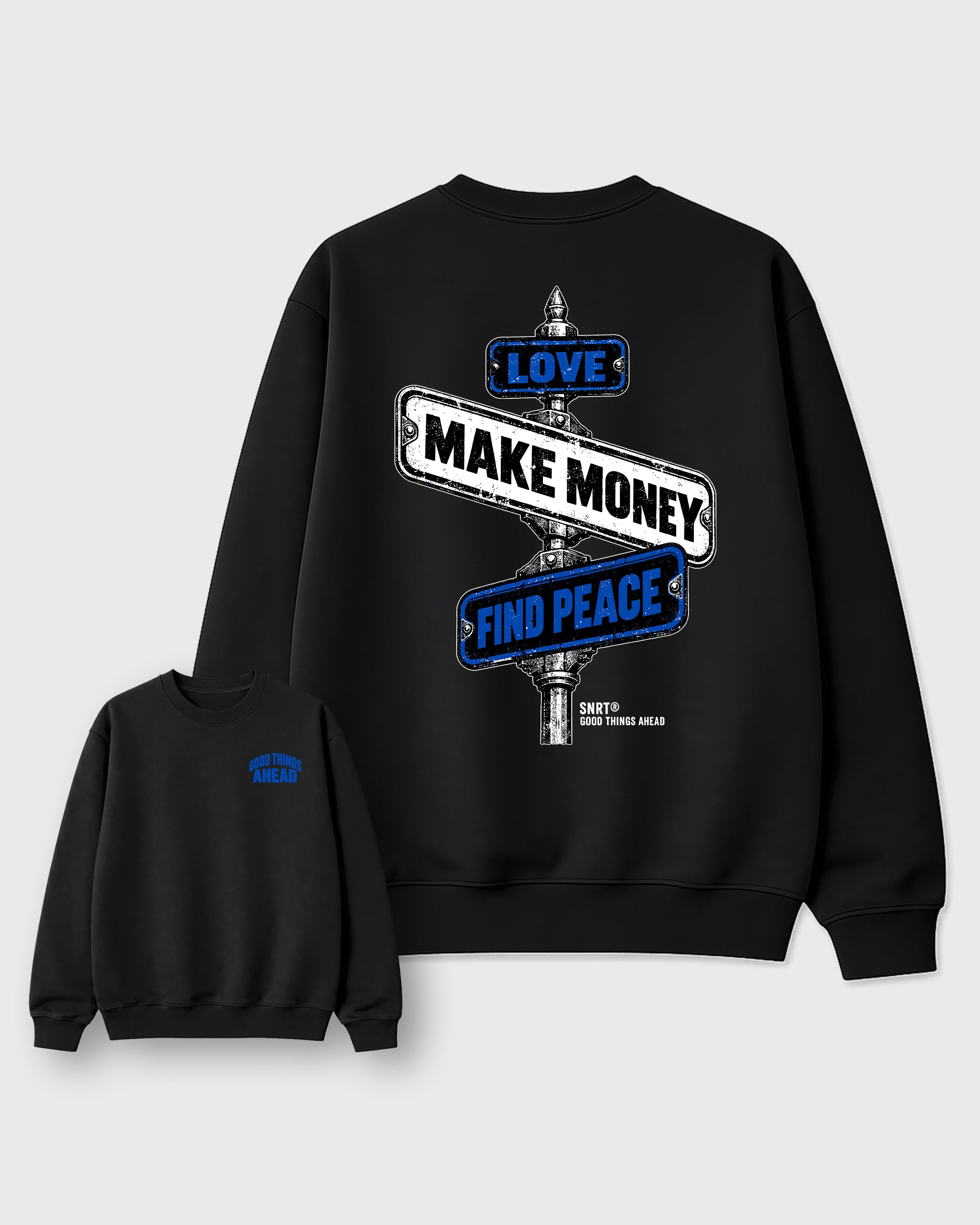 Good Things Ahead Black Graphic Sweatshirt - 3, a graphic streetwear sweatshirt inspired by Air Jordan 1 High OG Royal sneakers for an easy coordinated sneaker fit.