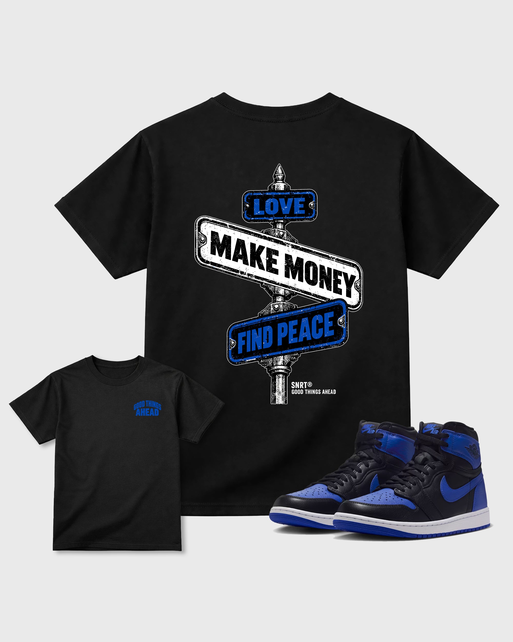Good Things Ahead Black Front & Back Graphic T-Shirt - 1, sneaker matching tee designed to match Air Jordan 1 High OG Royal sneakers for a coordinated sneaker outfit.