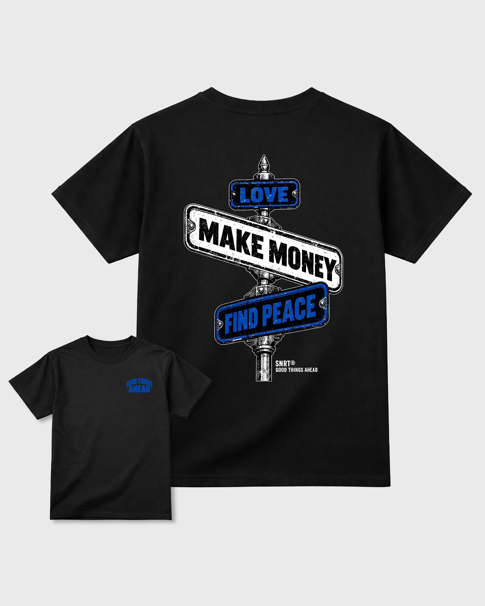 Good Things Ahead Black Front & Back Graphic T-Shirt - 3, sneaker matching shirt designed to pair with Air Jordan 1 High OG Royal sneakers for a coordinated streetwear outfit.