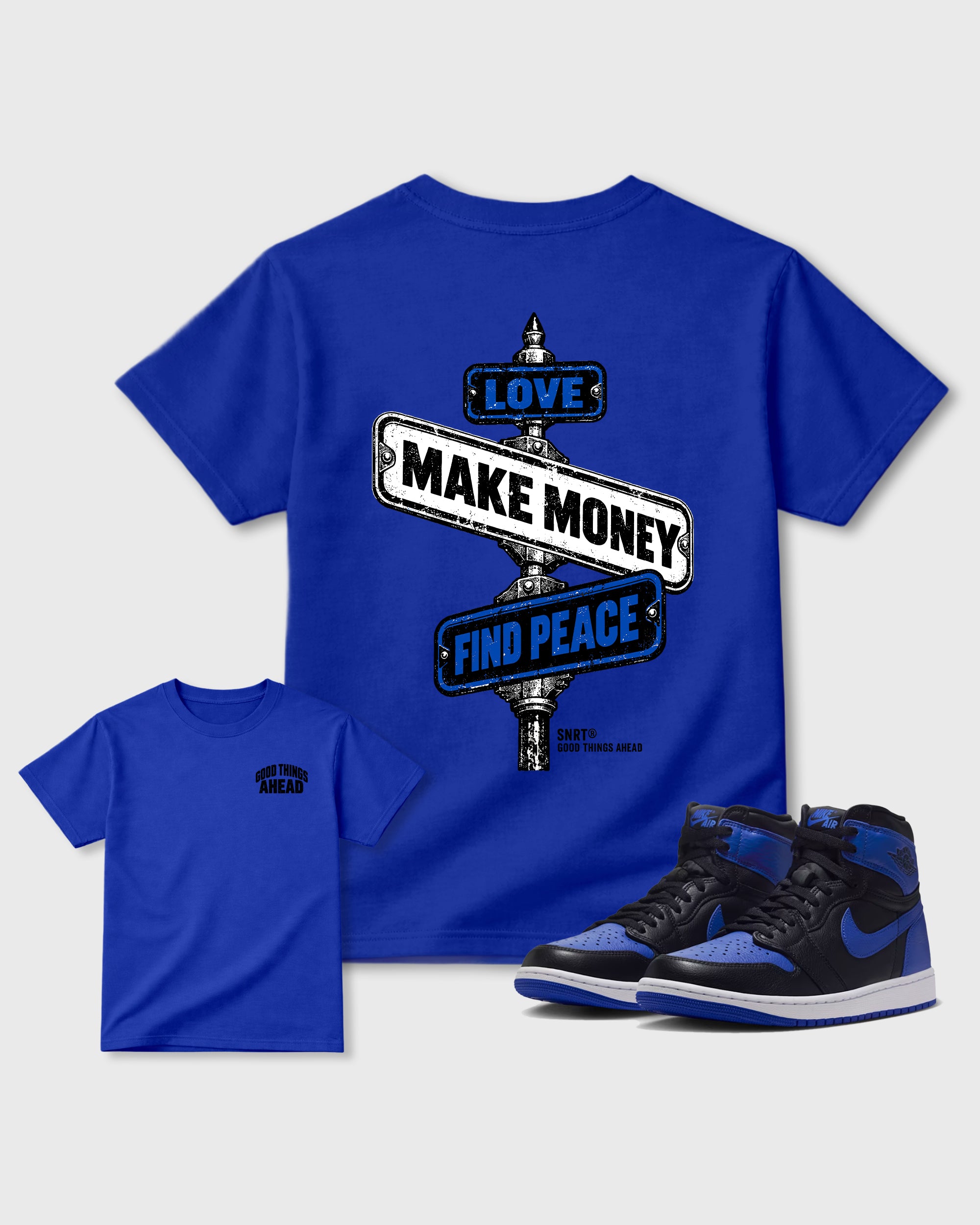 Good Things Ahead Royal Blue Front & Back Graphic T-Shirt - 1, sneaker matching tee designed to match Air Jordan 1 High OG Royal sneakers for a coordinated sneaker outfit.